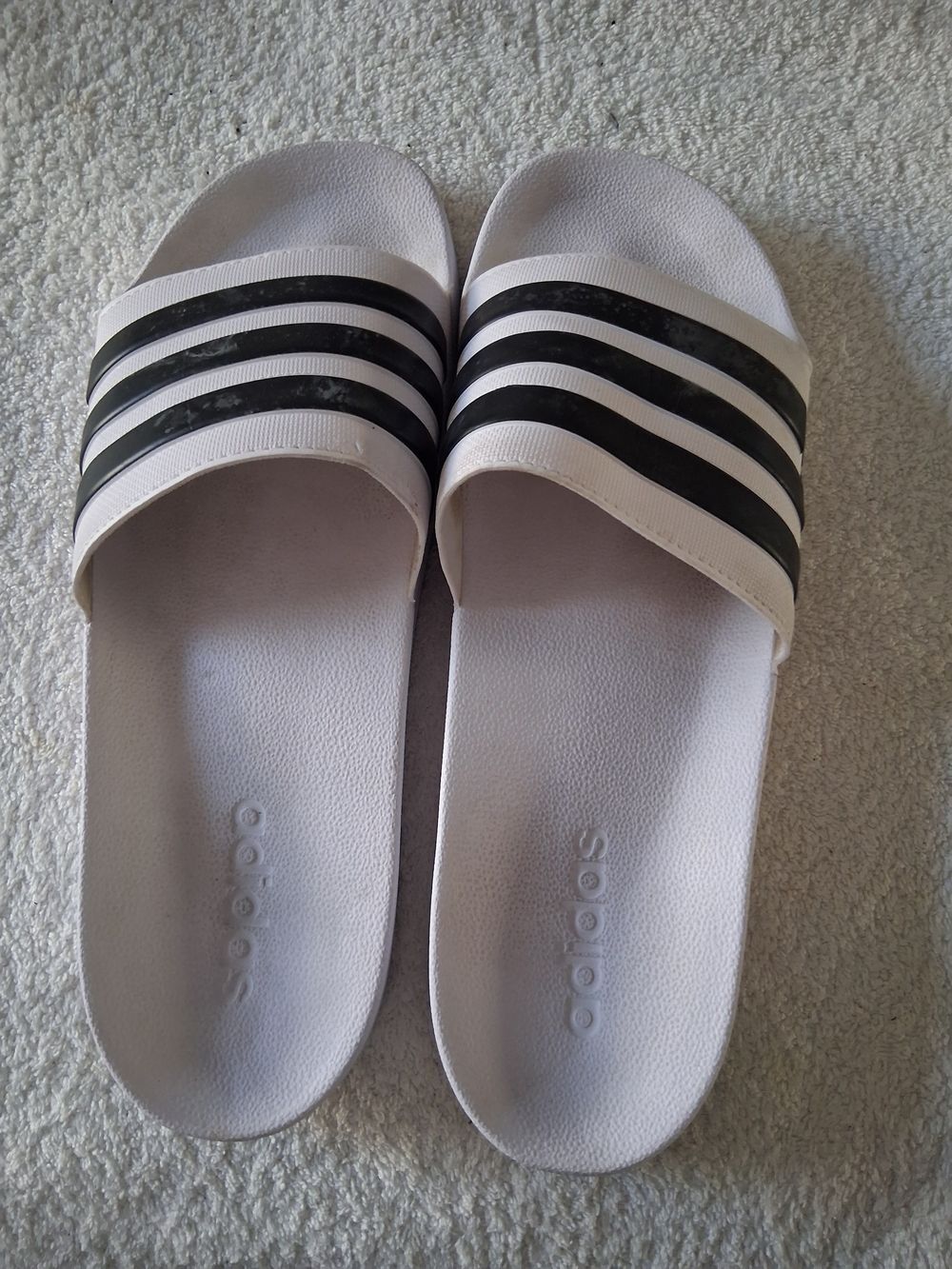 Adidas White Slide Sandals with Black Stripes